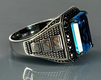 Turkish Handmade Men's Aquamarine Signet Ring, Handcrafted Sterling Silver Statement Ring, Detailed Bezel Setting, Gift for Him