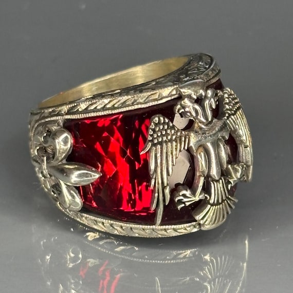 Turkish Handmade Sterling Silver Ruby Ring: Double Headed Byzantium Roman Eagle Heraldic Design