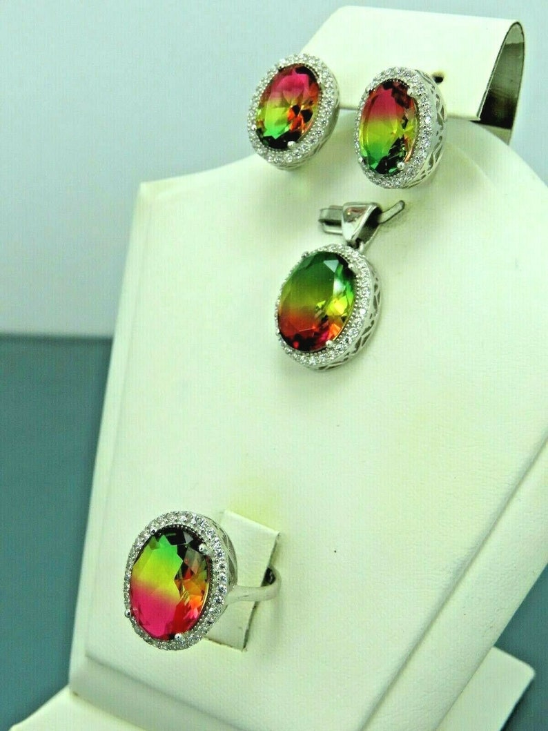 Turkish Handmade Jewelry 925 Sterling Silver Tourmaline Stone Women Earring Set
