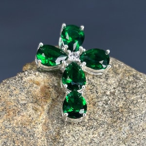 Green Emerald Cross Necklace, Emerald Cross Design 925k Sterling Silver Pendant, Handmade Christian Jewelry, Spiritual Gift for Her