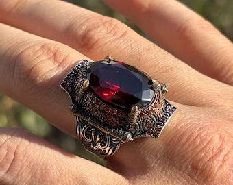 Turkish Handmade Jewelry 925 Sterling Silver Ruby Stone Men Ring: Gothic Design