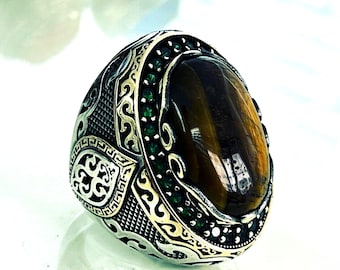 925 Sterling Silver Tiger&#39;s Eye Men&#39;s Ring with Green Accents, Handcrafted Vintage Boho Jewelry, Gemstone Statement Ring for Him