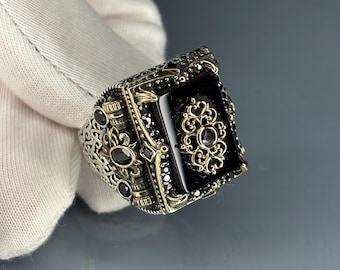 Turkish Handmade Black Onyx Men's Ring with Gold Motif, 925 Sterling Silver Ornate Design Signet Statement Jewelry Gift For Father