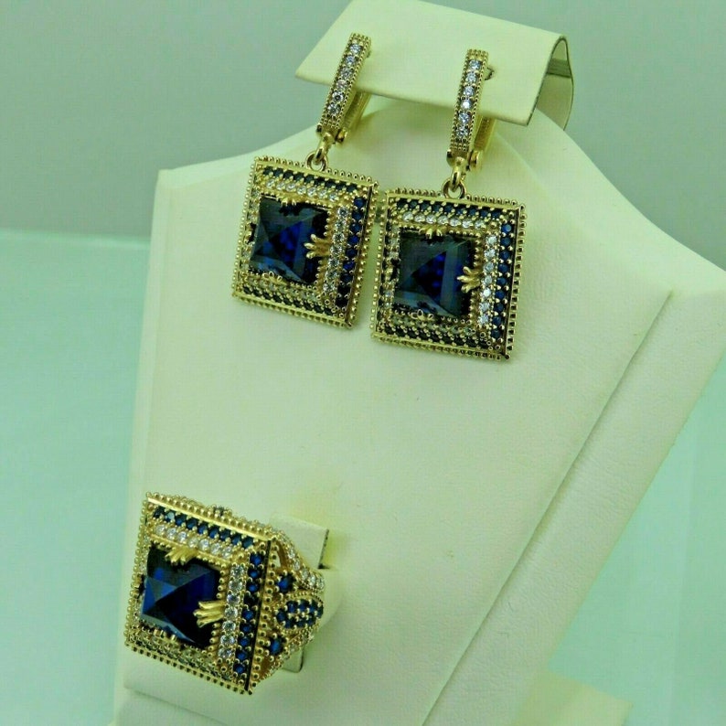 Turkish Handmade Jewelry 925 Sterling Silver Sapphire Stone Women Earring Set