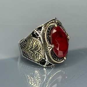 925 Sterling Silver Ring with Large Red Ruby Gemstone, Vintage Antique Style Boho Ring, Handmade Statement Jewelry for Men, Turkish Ring