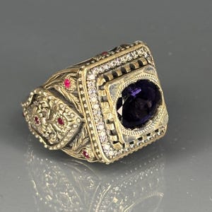 Può includere: Un anello d'argento dettagliato con una grande pietra preziosa ovale viola scuro. L'anello è adornato con piccole pietre preziose rosse e trasparenti e incisioni intricate. Un disegno di testa di leone sul lato.