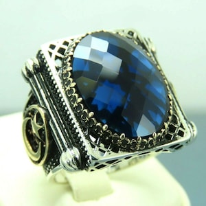 Turkish Handmade Jewelry 925 Sterling Silver Sapphire Stone Men Ring Sz 10