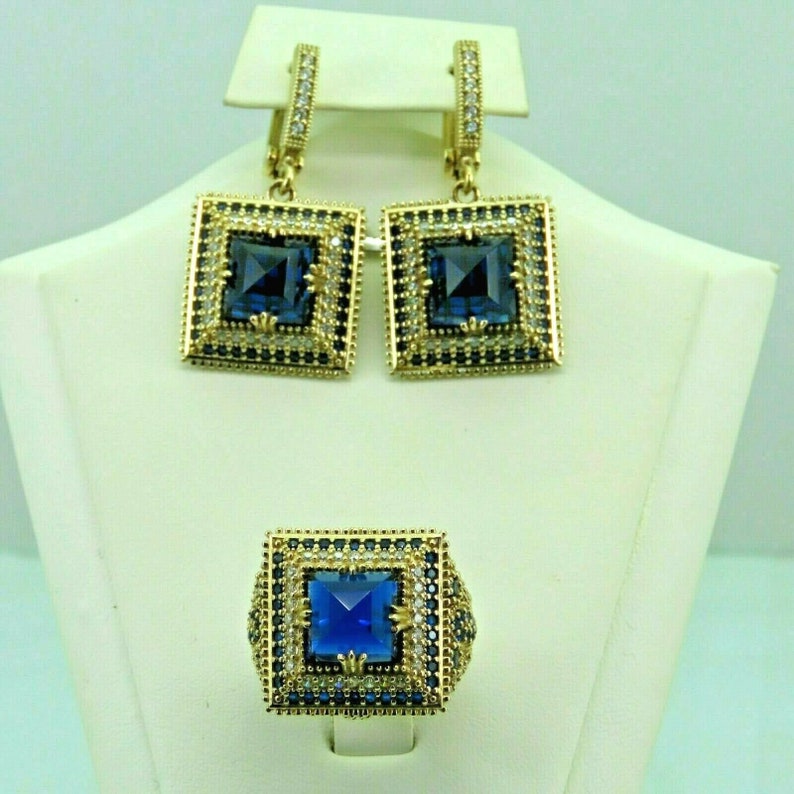 Turkish Handmade Jewelry 925 Sterling Silver Sapphire Stone Women Earring Set