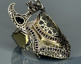 Polygonal Onyx Stone Ring for Men, 925 Silver, Turkish Artisan Craftsmanship, Detailed Engraved Statement Thumb Archer Ring