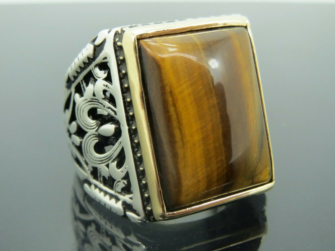 Men's Bold Sterling Silver Ring With 4.5 CT Natural Tiger Eye Gemstone - Handmade, Customizable - View #9