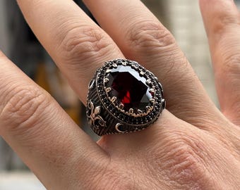 Anello da uomo in argento sterling 925 con pietra preziosa rubino / Gioielli turchi fatti a mano / Anello in stile vintage per lui Regali personalizzati