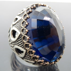 Turkish Handmade Jewelry 925 Sterling Silver Sapphire Stone Men Ring Sz 12