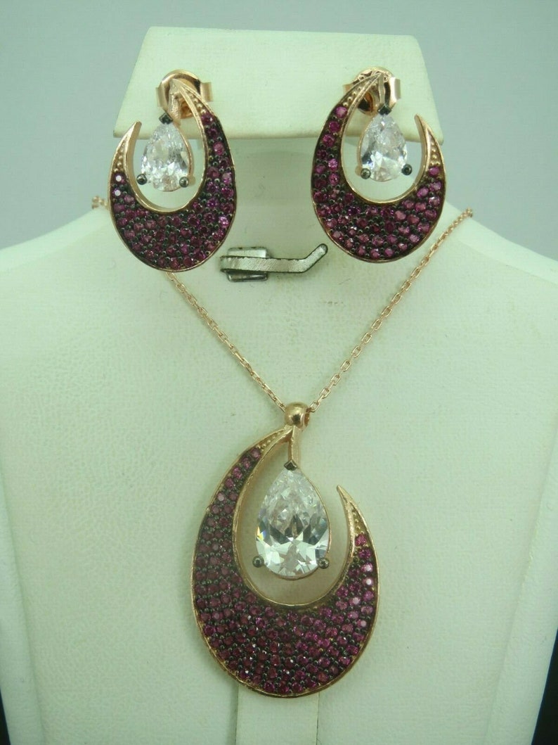 Turkish Handmade Jewelry 925 Sterling Silver Ruby Stone Women Earring Set