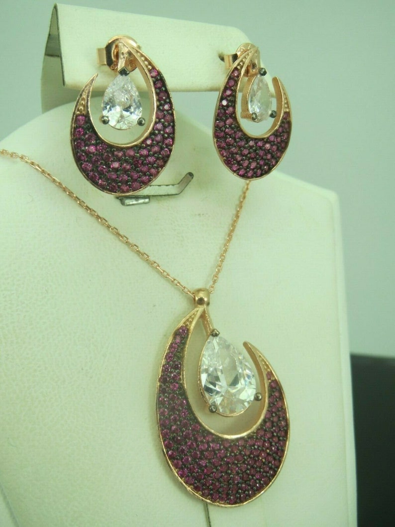 Turkish Handmade Jewelry 925 Sterling Silver Ruby Stone Women Earring Set