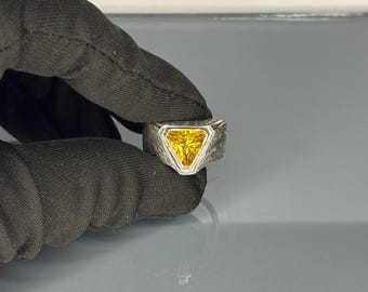 Sterling Silver Citrine Ring: Turkish Handmade Triangle Stone, Vintage Mens Jewelry
