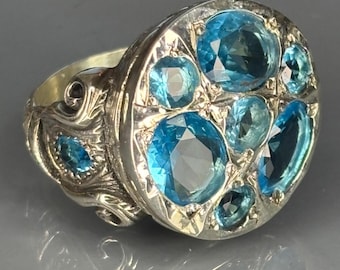 Cluster Aquamarine Stone Men's Ring, Turkish Handmade 925 Sterling Silver Statement Ring, Blue Gemstone Ottoman Style Gift for Him