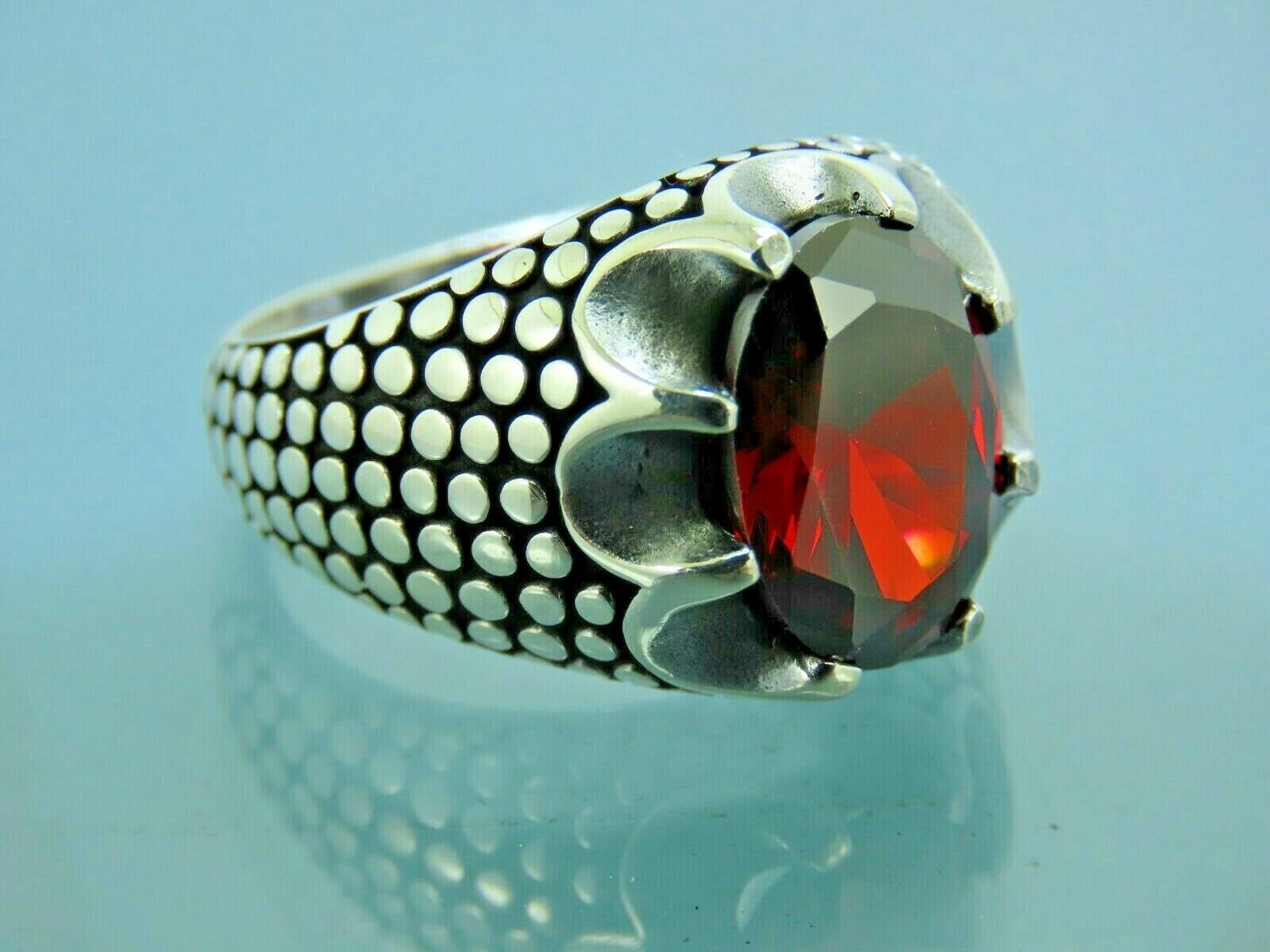 Turkish Handmade Jewelry 925 Sterling Silver Garnet Stone Men Ring Sz 11