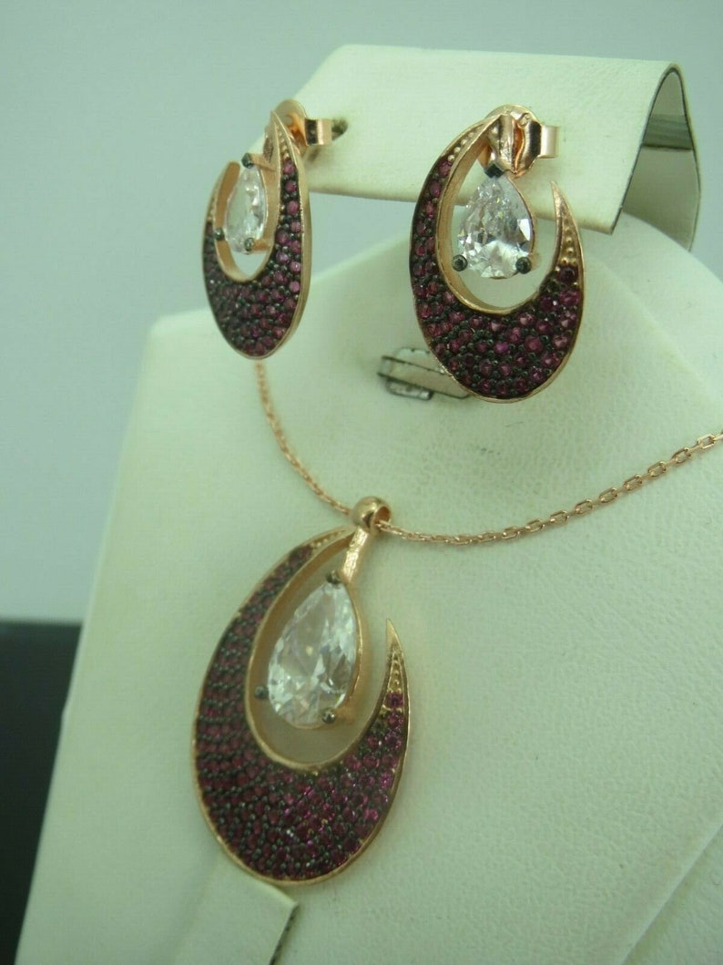Turkish Handmade Jewelry 925 Sterling Silver Ruby Stone Women Earring Set