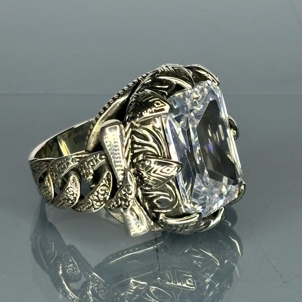 Handgjord herrring i sterlingsilver: Vintage zirkon statement-smycken broderade turkiska smycken