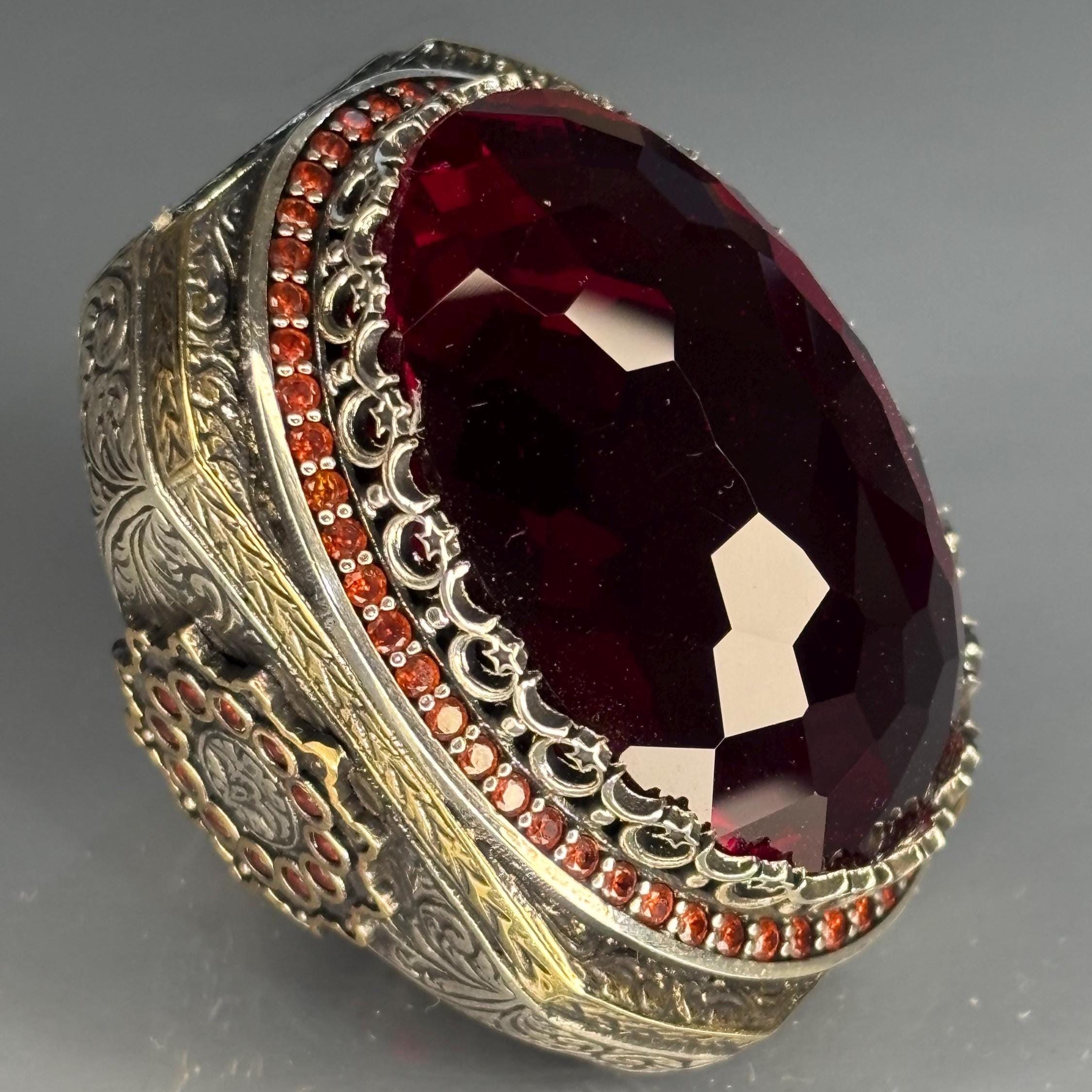925 Sterling Silver Ruby Men’s Ring with Large Faceted Red Stone and Ottoman Handmade Vintage Bold Statement Jewelry, Regal Gift for Him
