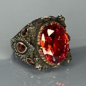 925 sterlingzilveren herenring met robijnrode steen, handgemaakte vintage statement ring in Ottomaanse stijl, gewaagde antieke afwerking sieraden voor hem