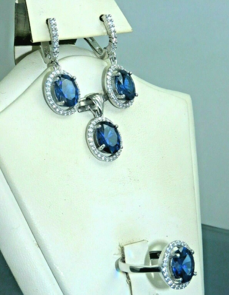 Turkish Handmade Jewelry 925 Sterling Silver Sapphire Stone Women Earring Set