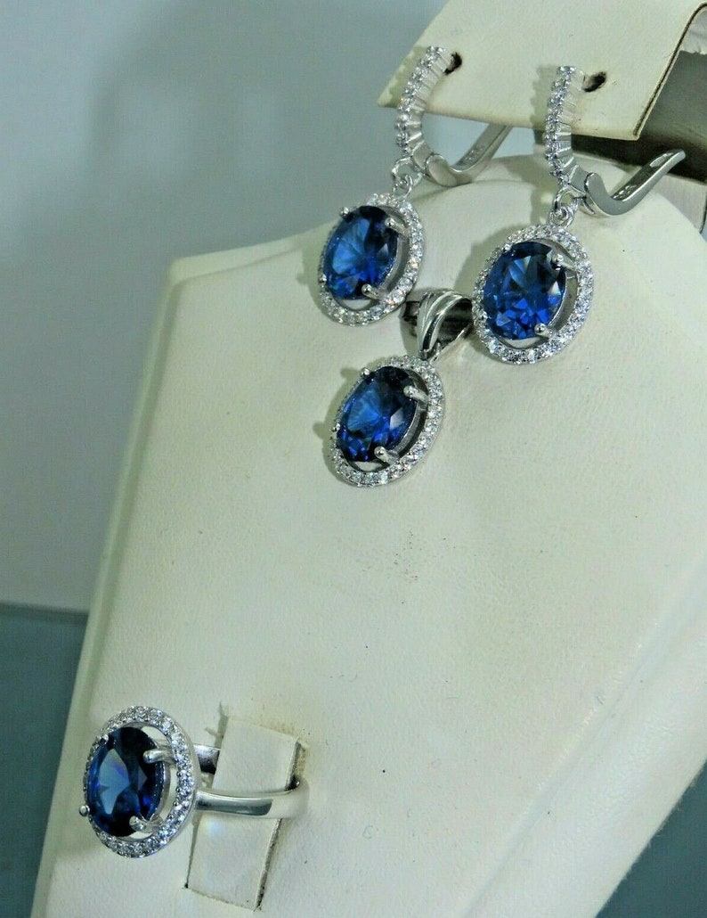 Turkish Handmade Jewelry 925 Sterling Silver Sapphire Stone Women Earring Set