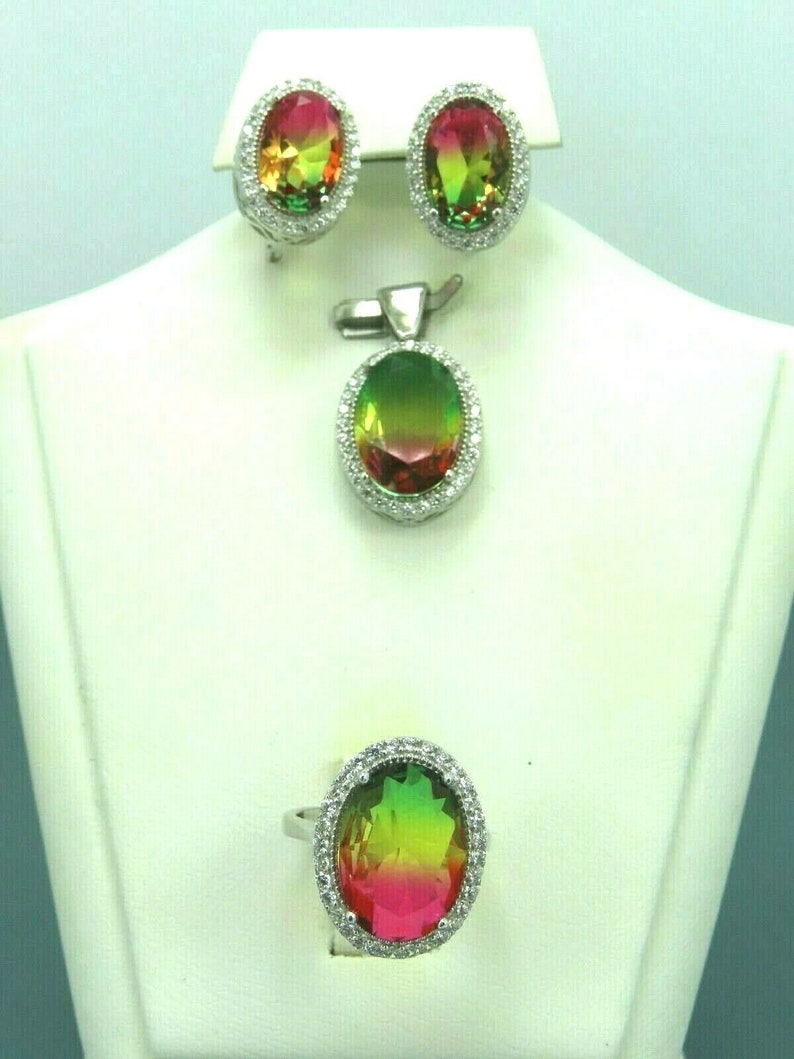 Turkish Handmade Jewelry 925 Sterling Silver Tourmaline Stone Women Earring Set