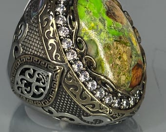 925 Sterling Silver Citrine Stone Men&#39;s Ring, Handmade Ottoman Style Statement Ring, Unique Engraved Silver Signet Ring, Gift for Him
