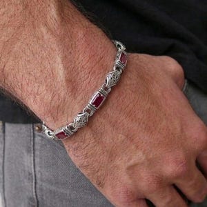 925 Sterling Silber Rubin Herren Armband, Türkisch Handgemachtes Schmuck Geschenk, Roter Edelstein Ottoman Armband für Ihn, Einzigartige Geschenkidee