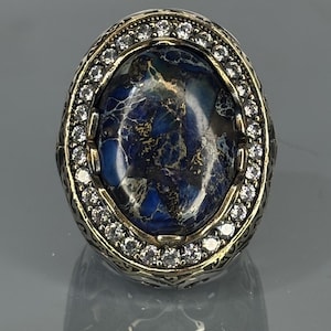 925 Sterling Silver Dark Blue Turquoise Men&#39;s Ring, Handmade Ottoman Style Statement Ring, Unique Engraved Silver Signet Ring for Him