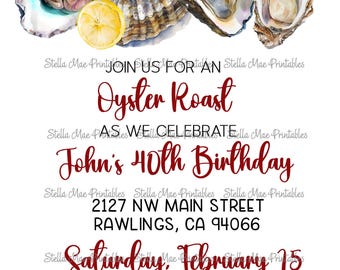 May include: An invitation to an oyster roast celebrating John's 40th birthday. The invitation features a watercolour illustration of oysters and lemons. The event will be held on Saturday, 15th February at 6pm at 2127 NW Main Street, Rawlings, CA 94066. Guests are asked to bring a covered dish or finger food. RSVP to Kelly at (123) 456-7890.