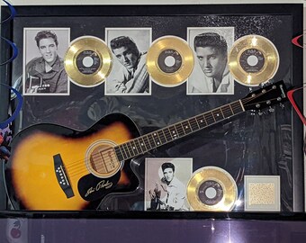 1 Of a Kind ELVIS PRESLEY Vintage Engraved SIGNATURE Huntington Acoustic Guitar And 4 Gold Records With 4 Rare Pictures Mounted And Framed.