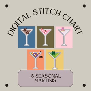 Seizoensgebonden martini-borduurpatronen | Digitale stekentabel | Doe-het-zelf canvas met borduurmotief | Naaldpunt voor beginners