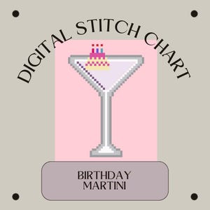 Verjaardag martini roze hartjes borduurpatroon | Digitale stekentabel | Doe-het-zelf canvas met borduurmotief | Naaldpunt voor beginners