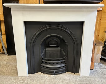 Smooth Arched Victorian Style Cast Iron Fireplace & Simple Wooden Painted Surround