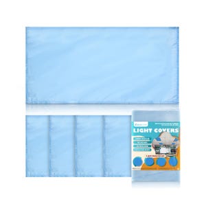 May include: Four light blue fabric light covers with magnets. The packaging shows a light fixture with the light covers installed. The packaging also says "Light Covers" and "4 Light Covers Included".