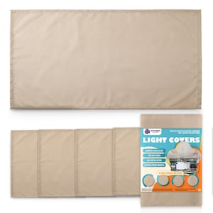 May include: A set of rectangular beige light covers made of polyester fabric. The packaging features the text "LIGHT COVERS" and "4 LIGHT COVERS INCLUDED" along with an illustration of a ceiling light fixture and icons for fire safety and magnets.