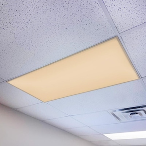 May include: A rectangular, recessed ceiling light fixture with a soft, warm glow. The light is surrounded by a silver frame and set into a white, textured ceiling. The ceiling tiles are arranged in a grid pattern.