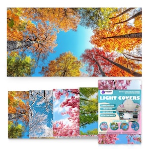 May include: A vibrant image of trees with colorful autumn foliage against a bright blue sky. Below, a series of smaller images showcase seasonal variations. A product advertisement for "Light Covers" is also visible, highlighting features and patterns.
