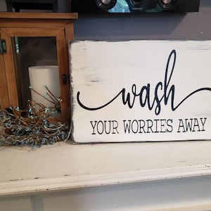 Bathroom Sign Wash Your Worries Away Sign Rustic Distressed Wood Sign Modern Farmhouse Decor Wall Hanging Handwashing Sign Bathroom Decor