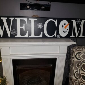 Welcome Snowman Sign 10x48 Horizontal Entryway Wood Sign Extra Large Winter Decor Christmas Decoration Snowflakes Snowman Sign Welcome Sign image 2