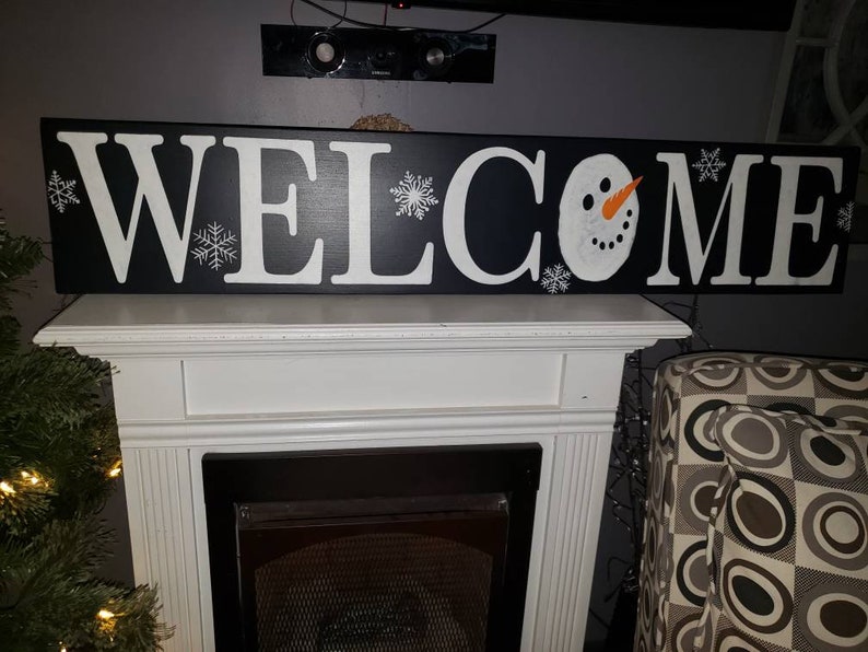 Welcome Snowman Sign 10x48 Horizontal Entryway Wood Sign Extra Large Winter Decor Christmas Decoration Snowflakes Snowman Sign Welcome Sign image 2