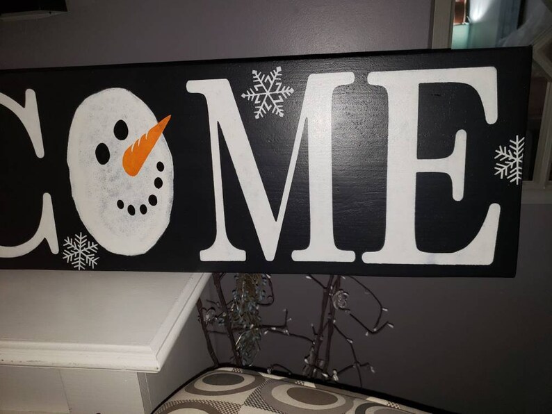 Welcome Snowman Sign 10x48 Horizontal Entryway Wood Sign Extra Large Winter Decor Christmas Decoration Snowflakes Snowman Sign Welcome Sign image 5