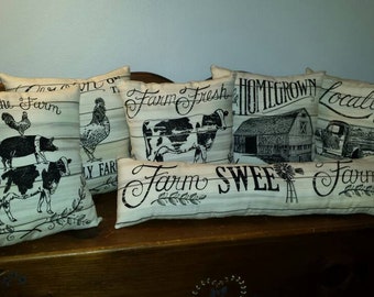 Farmhouse Pillow Decorative Rustic Decor Primitive Muslin Porch Throw Pillow Farm Fresh Home Grown Rooster Barn Windmill Cow Barn Truck Dec