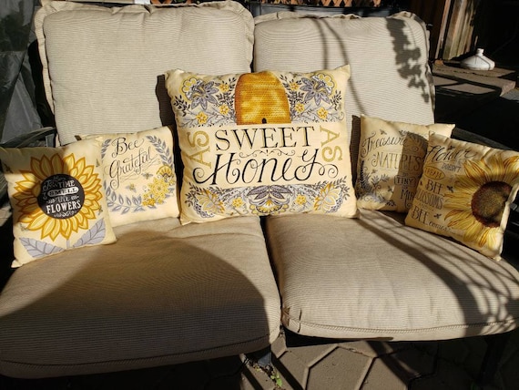 Bee Pillows Primitive Porch Throw Pillow Sweet as Honey Be Grateful  Positive Words Small Sunflower Porch Pillow Extra Large 19 X 21 Pillow 