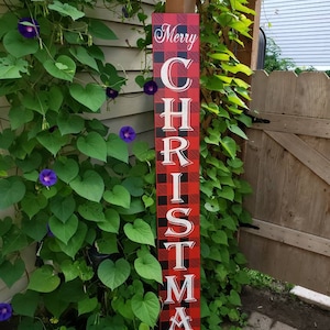 Placa de varanda de Feliz Natal, xadrez de búfalo, placa rústica reversível, madeira envelhecida, placa extra grande para feriados, decoração primitiva de Natal
