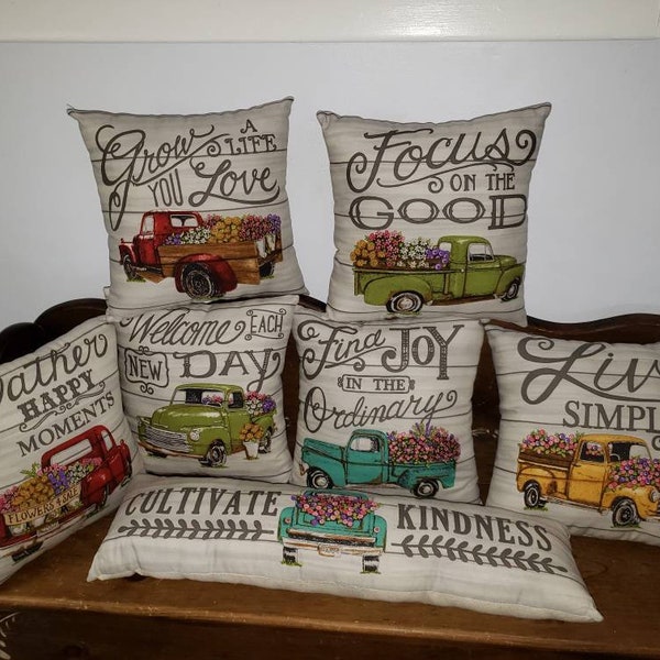 Farmhouse Truck Pillow Gray Flower Market Primitive Muslin Porch Throw Pillow Farm Fresh Cultivate Kindness Positive Words Vintage Truck