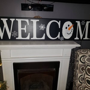 Welcome Snowman Sign 10x48 Horizontal Entryway Wood Sign Extra Large Winter Decor Christmas Decoration Snowflakes Snowman Sign Welcome Sign