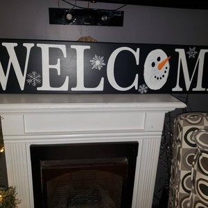 Welcome Snowman Sign 10x48 Horizontal Entryway Wood Sign Extra Large Winter Decor Christmas Decoration Snowflakes Snowman Sign Welcome Sign image 1